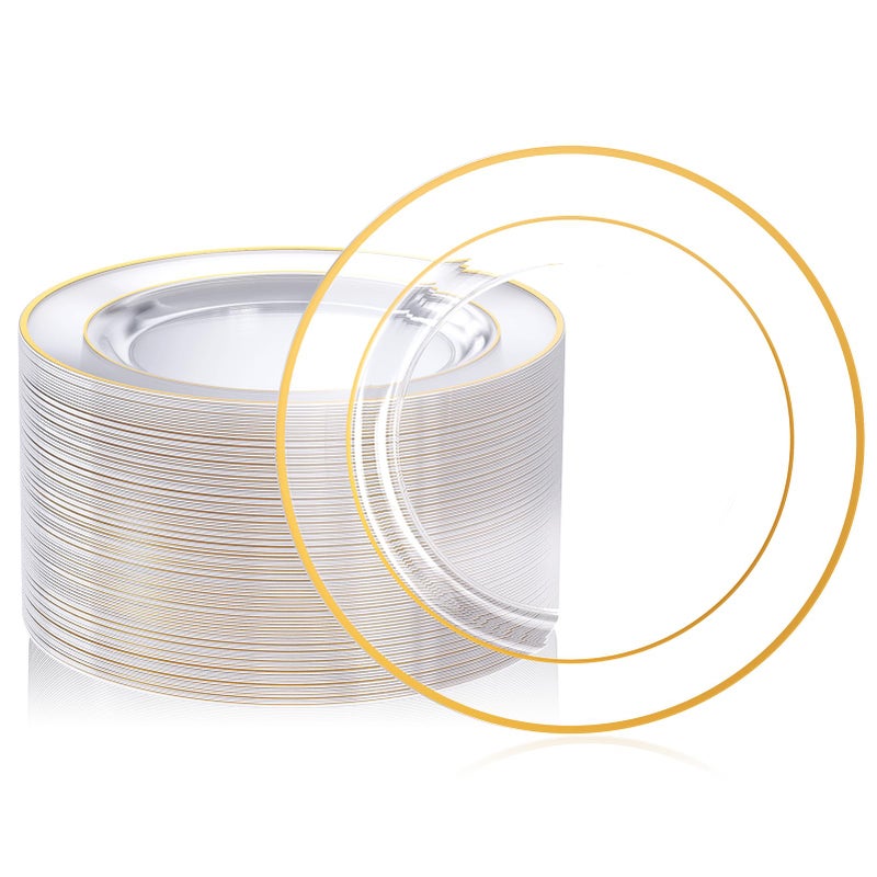 FOCUSLINE 100 Count 10 Inch Clear and Gold Plastic Plates Disposable Heavy Duty Clear Plates with Gold Rim Premium Hard Plastic Plate Fancy Disposable Dinner Plate for Wedding Parties