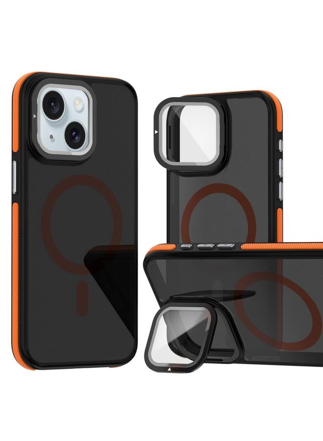 S-TOP Case For iPhone 15 Plus Magsafe Dual-Color Skin Feel Lens Film Phone Case with Lens Fold Holder - Image 1