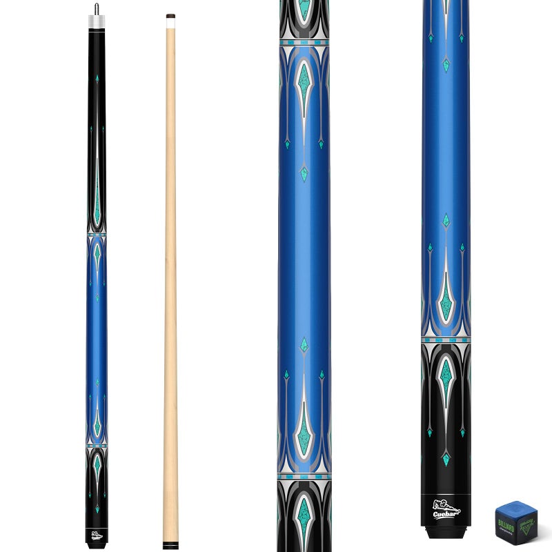 CUEBAR Pool Cue Stick 58 Inch 2Piece Billiard Cue with Geometric Sword Inlays Unwrapped Grip Maple Shaft 13mm Tip Blue 20 Oz - Image 2
