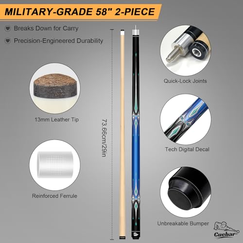 CUEBAR Pool Cue Stick 58 Inch 2Piece Billiard Cue with Geometric Sword Inlays Unwrapped Grip Maple Shaft 13mm Tip Blue 20 Oz - Image 3