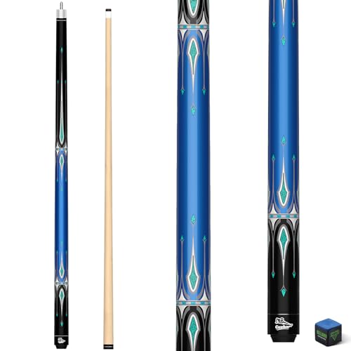 CUEBAR Pool Cue Stick 58 Inch 2Piece Billiard Cue with Geometric Sword Inlays Unwrapped Grip Maple Shaft 13mm Tip Blue 20 Oz - Image 1
