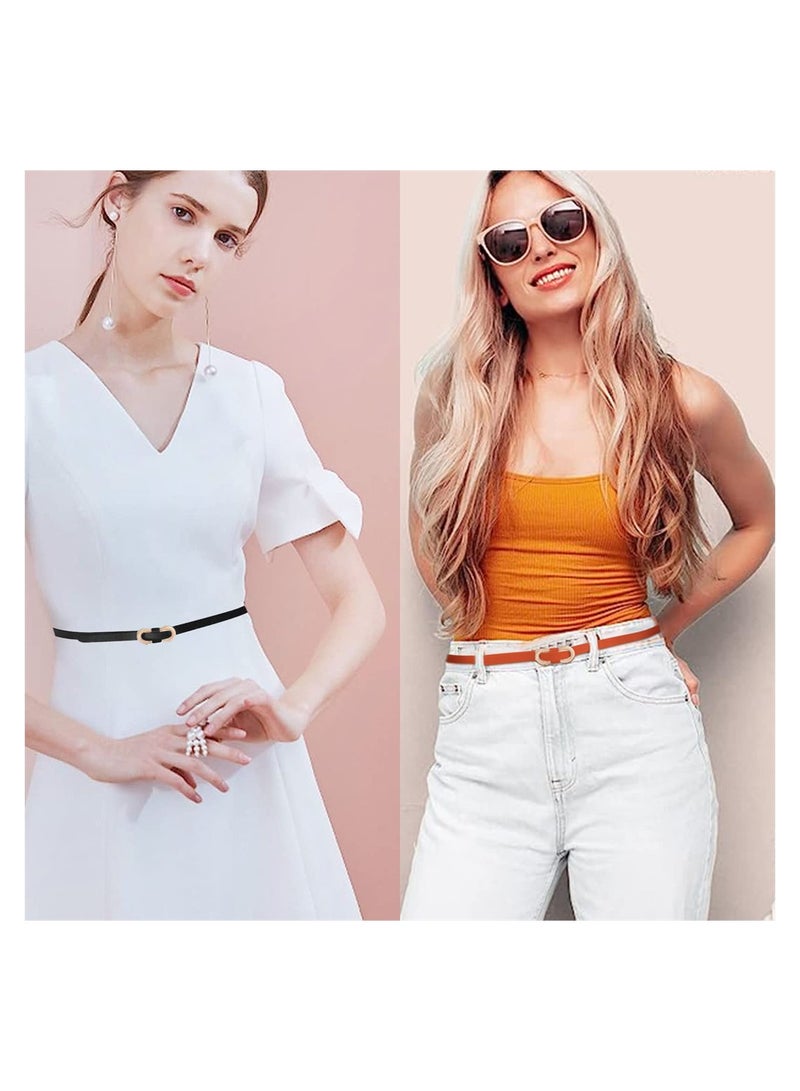 2 Pack Women's Adjustable Skinny Leather Belts with Gold Buckle Perfect for Dresses and Blouses Stylish Black and Camel Colors - Image 4