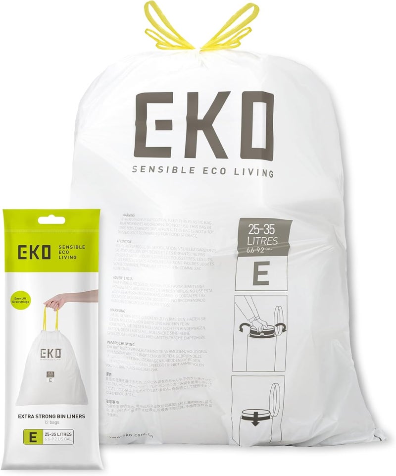 EKO Size E Drawstring Bin Liners, 25-35 Litres, White - Image 1