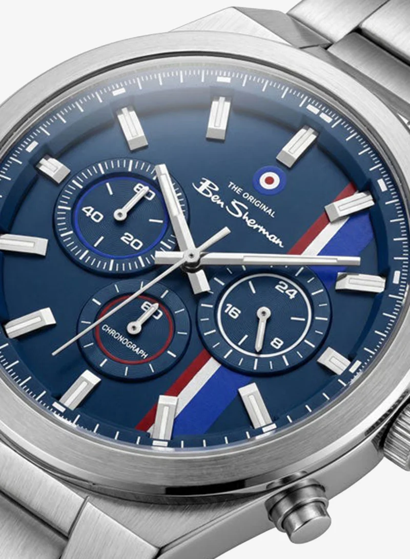 Ben Sherman Canterbury Blue Dial Stainless Steel Bracelet Chronograph Watch for Men, 44mm