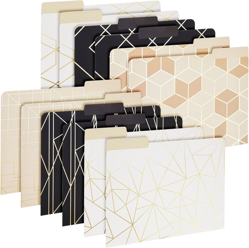 Paper Junkie 12-Pack Cute Geometric Gold Foil Decorative & Colored File Folders, Letter Size (9.5x11.5 in) - 1/3-Cut Tab File Folders for Office Supplies - Aesthetic Office Supplies - Image 1