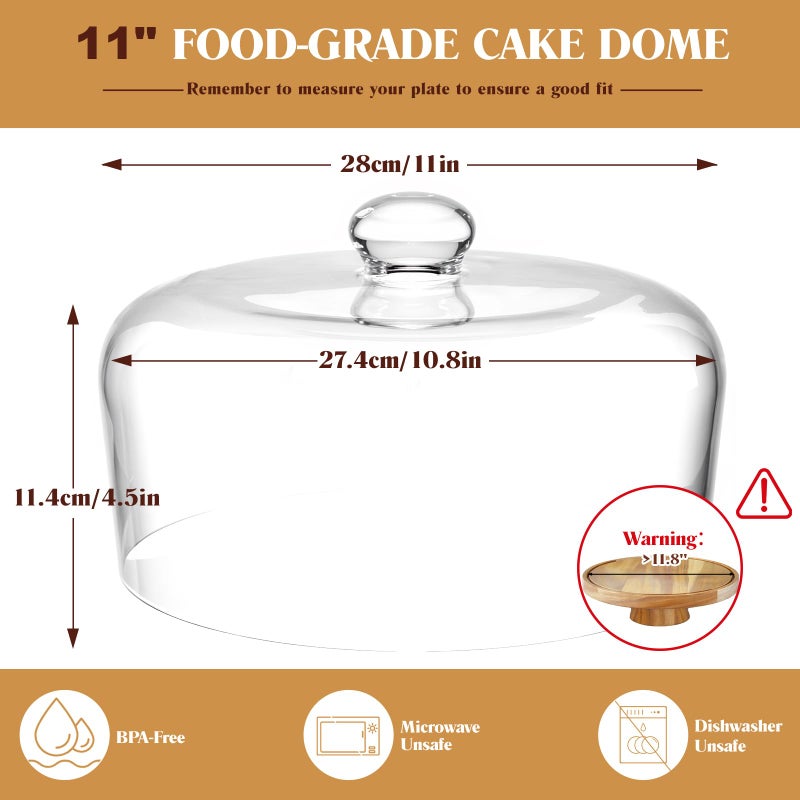 Krbnk 11 Inch Glass Cake Dome Cover, Upgraded Thickened Clear Cake Cover Lid for Cake Stand, Round Cloche Glass Dome for Dessert Plates Display and Protection - Image 2