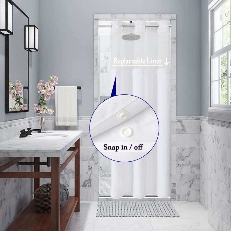 Gibelle Stall Small Shower Curtain 36x74  Waffle Weave Shower Curtain with Snap-in Fabric Liner Set  No Hooks Needed  Hotel Style with Mesh Top Window  White - Image 3