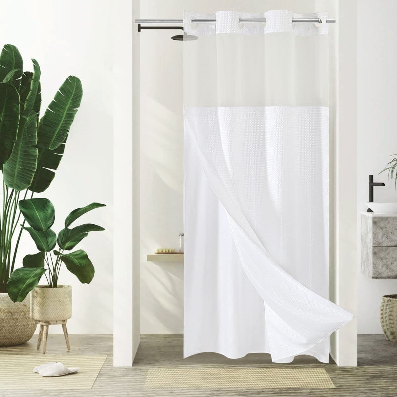 Gibelle Stall Small Shower Curtain 36x74  Waffle Weave Shower Curtain with Snap-in Fabric Liner Set  No Hooks Needed  Hotel Style with Mesh Top Window  White - Image 1
