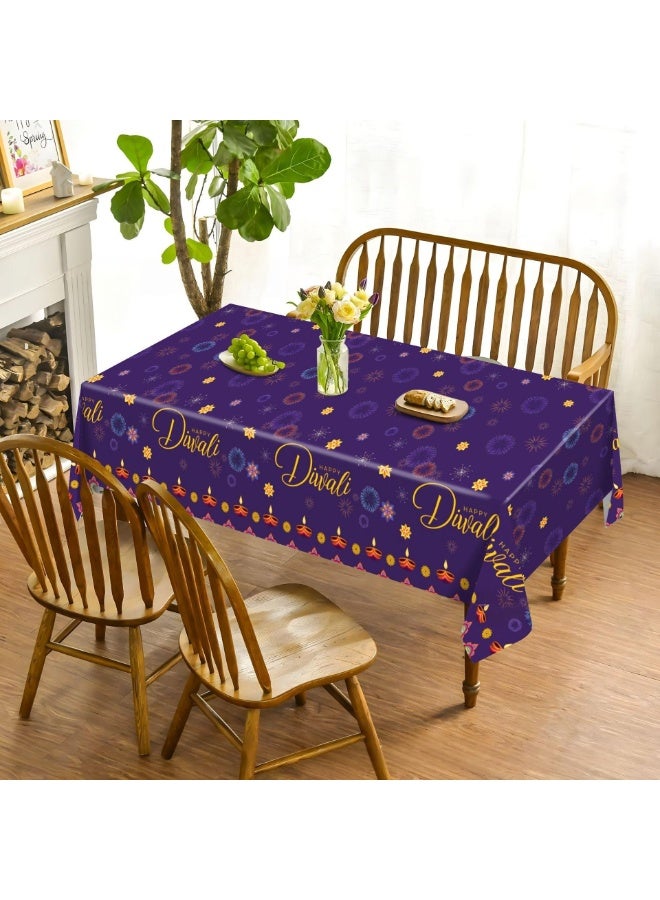 Diwali Purple Tablecloth-130x220cm Waterproof PE Plastic Cover for Festival Decor & Birthday Party Supplies - Image 1