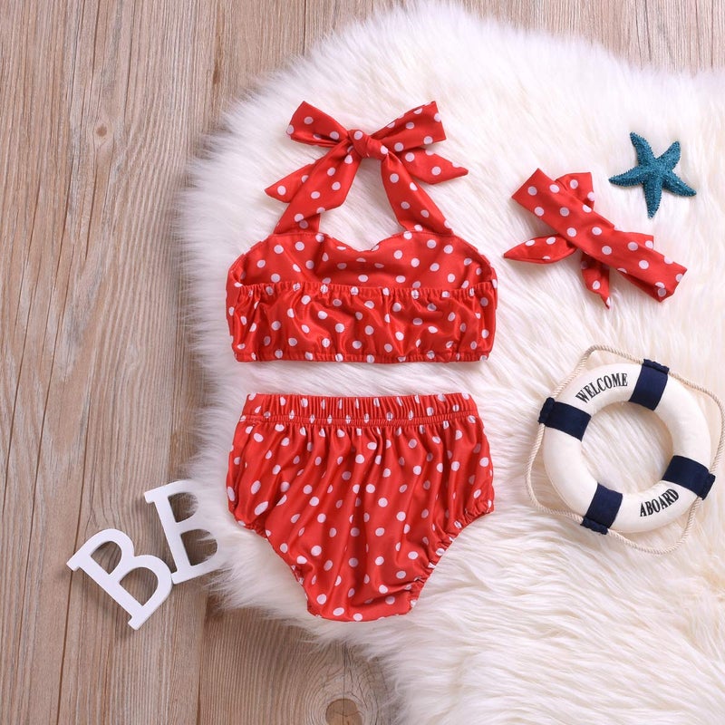 Aalizzwell Baby Girl Bikini,Kids Toddler Polka Dot Swimsuits Halter Swimwear Bikinis Set with Headband (Red, 6-12 Months) - Image 4