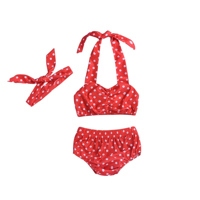 Aalizzwell Baby Girl Bikini,Kids Toddler Polka Dot Swimsuits Halter Swimwear Bikinis Set with Headband (Red, 6-12 Months) - Image 1