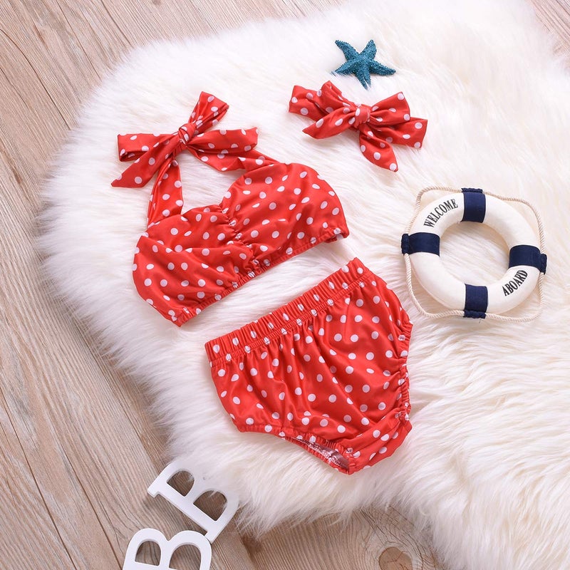 Aalizzwell Baby Girl Bikini,Kids Toddler Polka Dot Swimsuits Halter Swimwear Bikinis Set with Headband (Red, 6-12 Months) - Image 3