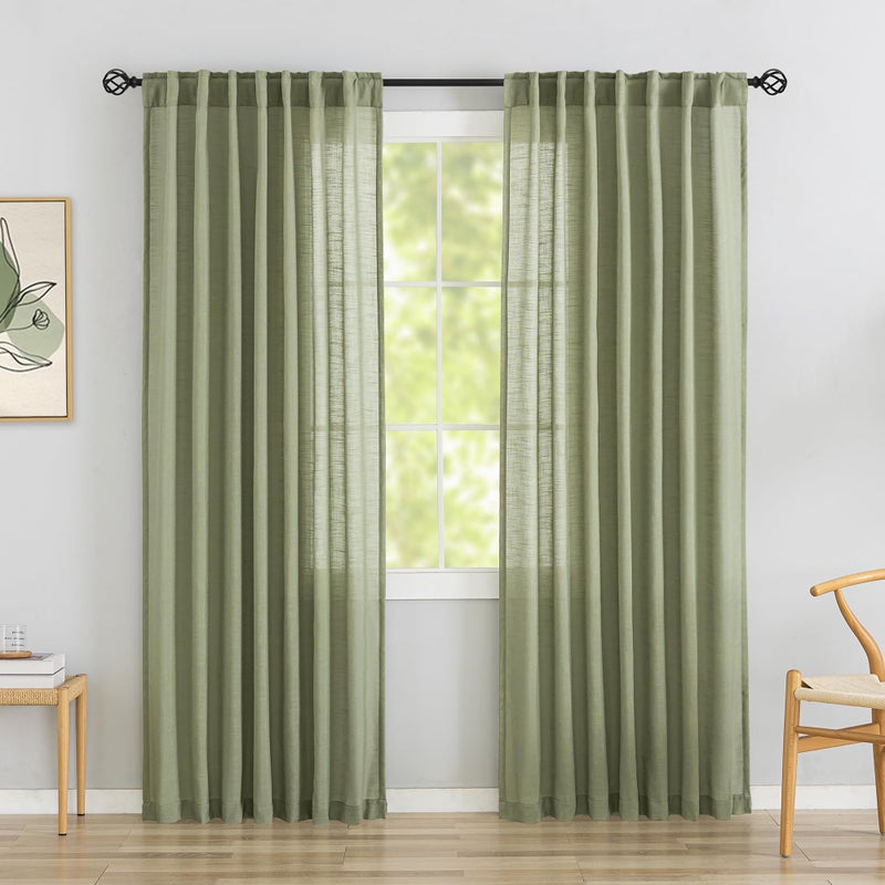 DONREN Sage Green Linen Back Tab Curtains 84 Inches Long 2 Panels Set for Bedroom - Modern Farmhouse Hooks Belt Pleated Semi Privacy Drapes Shabby Chic Pocket Light Filtering Window Curtains - Image 1