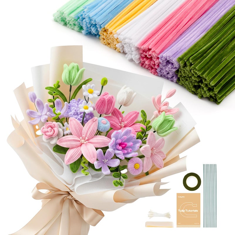 Caydo 500 Pieces Pipe Cleaners Flower Kit, 7 Colors Chenille Stems Bulk for Flowers Making, Macaron Pastel Pipe Cleaner for Art Projects and Easter Decorations - Image 1