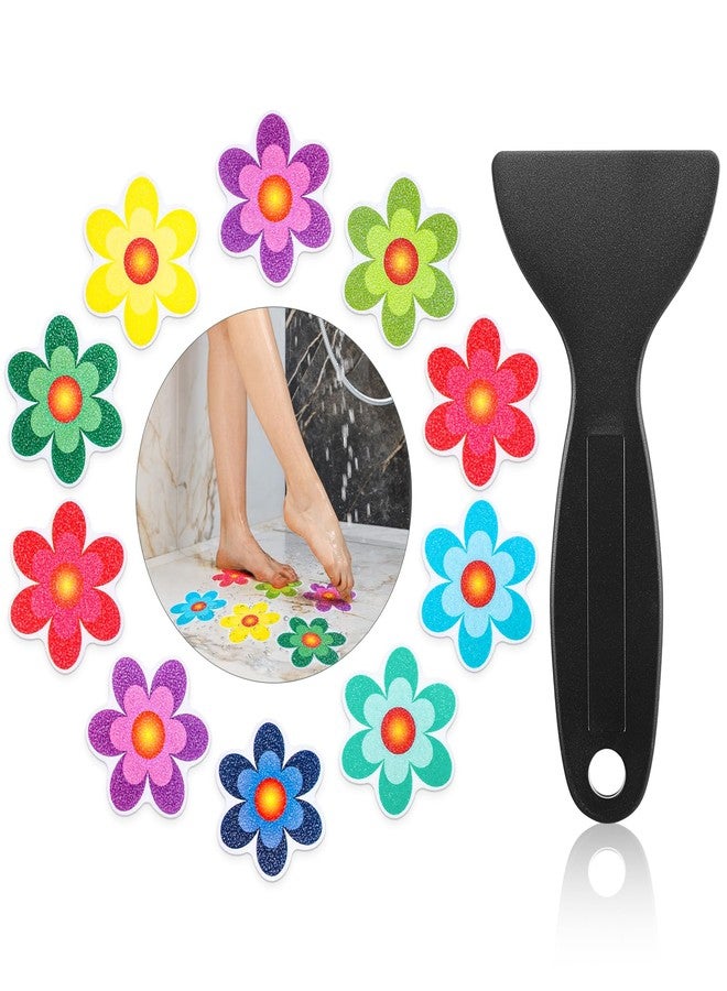 Amabro Colorful Sunflower Anti Slip Bathtub Strips, 10PCS Adhesive Shower Sticker for Bathtub Non-Slip Strip Stickers Anti Skid Tape Flooring Safety Tape Mat with Scraper for Bath Shower - Image 1