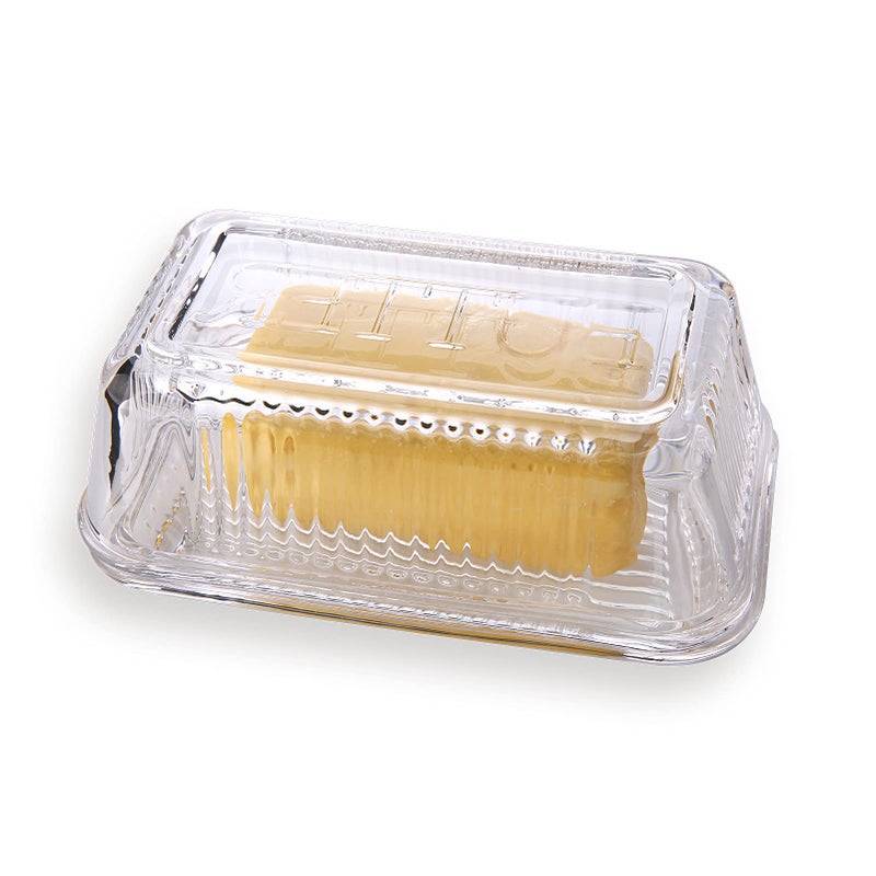 Glass Butter Dish with Lid from 1500 C Tabletop Farmhouse Heavy Thick Cover Clear 2Piece Keeper for Countertop European holder sticks Kitchen Dishwasher Safe