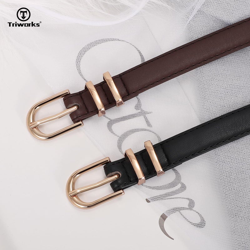 TRIWORKS 2 Pack Women Skinny Leather Belts for Jeans Pants Thin Faux Leather Belt with Gold Buckle - Image 2