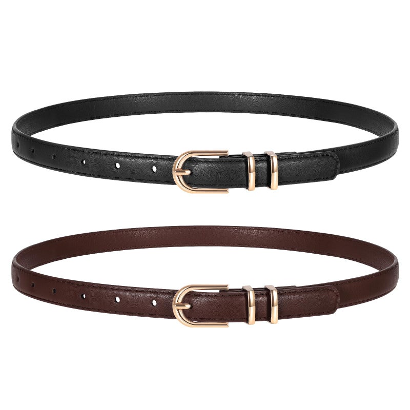TRIWORKS 2 Pack Women Skinny Leather Belts for Jeans Pants Thin Faux Leather Belt with Gold Buckle - Image 1