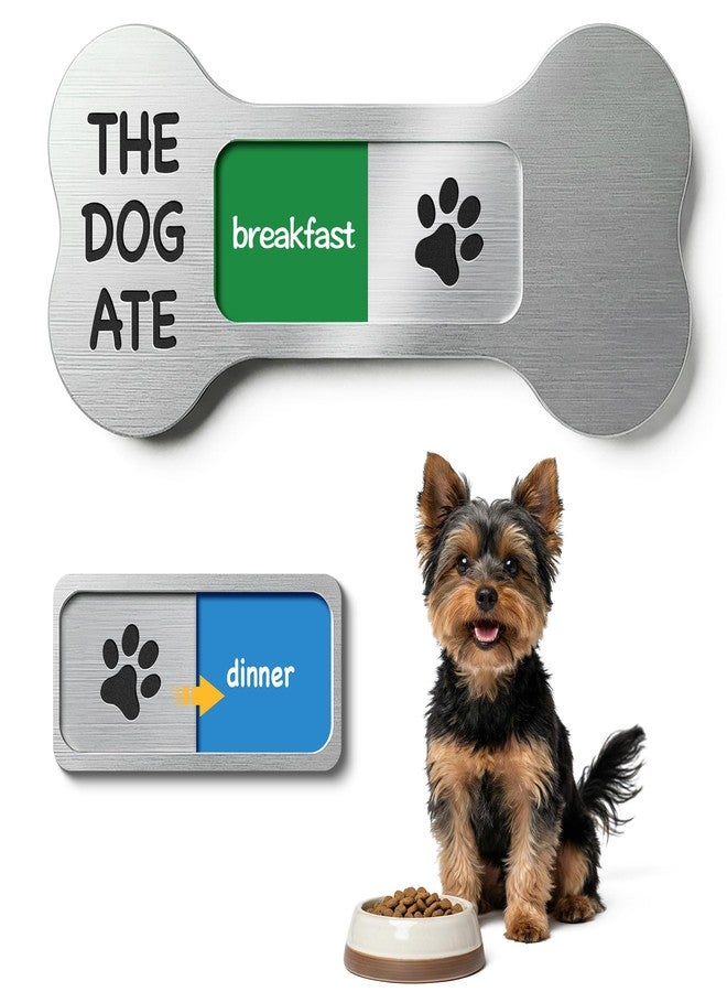 EliteSign Dog Feeding Reminder Supplies with Magnet, Bone-Shaped Design Brushed Silver, Acrylic Pet Nursing Schedule for Breakfast & Dinner, Feed Slider with Paw Pattern, 2 Stickers 5.5 x 2.6inch - Image 1