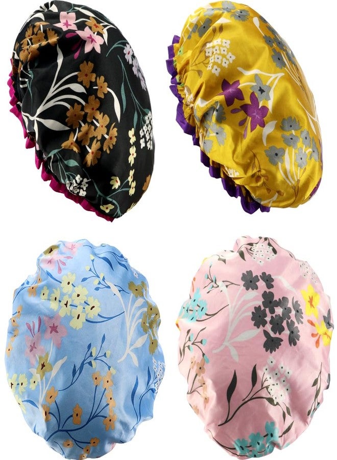 TCOTBE 4 Pcs Reusable Waterproof Shower Hat with PEVA Lining Double Layers Elastic Satin Large Shower Caps Washable Shower Hats for Girls Women Long Hair All Hair Lengths - Image 1