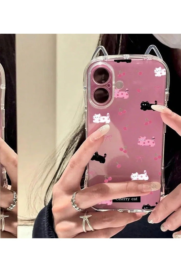 شي إن غطاء شفاف للهاتف بتصميم نقاط البولكا باللون الوردي والأبيض والأسود مع قطة وكرز، تصميم أذن القطة مع وسادة هوائية مضادة للسقوط، غلاف TPU ناعم بسمك 1.5 مم مع فتحة سلسلة أذن القطة، مناسب لهواتف آيفون 16 بلس - Image 1