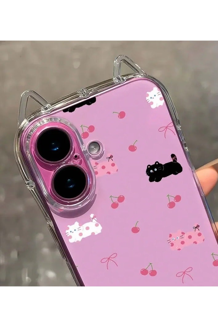 شي إن غطاء شفاف للهاتف بتصميم نقاط البولكا باللون الوردي والأبيض والأسود مع قطة وكرز، تصميم أذن القطة مع وسادة هوائية مضادة للسقوط، غلاف TPU ناعم بسمك 1.5 مم مع فتحة سلسلة أذن القطة، مناسب لهواتف آيفون 16 بلس - Image 2