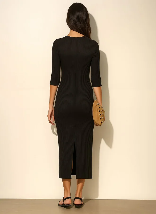 SASSAFRAS Black Ribbed Bodycon Midi Dress for Women