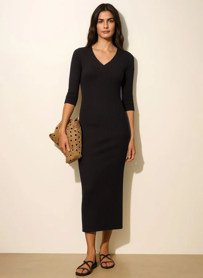 SASSAFRAS Black Ribbed Bodycon Midi Dress for Women