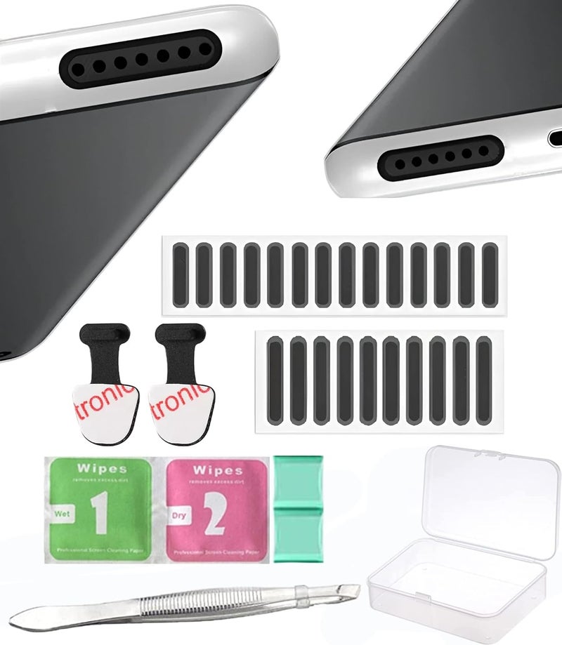 AVEDIA Phone Speaker Mesh Dustproof Stickers Set, Phone Speaker Protector Cover Net with Cleaning kit for iPhone Trumpet Protection 10pcs Long and 14pcs Short(Cloth + 2 PCS Apple Plug, Black) - Image 1
