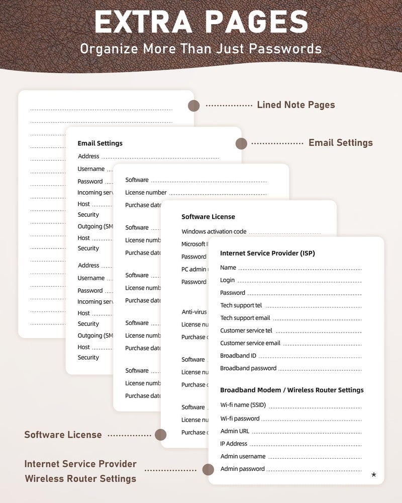 WEMATE Password Book with Alphabetical Tabs, Spiral Password Keeper Book for Seniors, Internet Password Notebook Password Journal Logbook Log in Detail, Small – 4.7''x 6'' (Brown) - Image 3