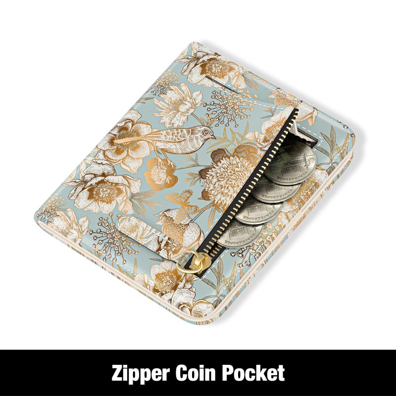 Rouidr Womens Wallet, RFID Small Slim Wallet for Women, Cute Bifold Leather Pocket Credit Card Holder Ladies Mini Purse with Zipper Coin Pocket & ID Window, Flower Birds - Image 4