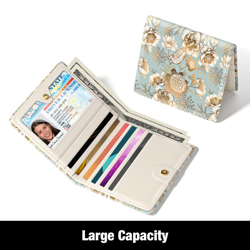Rouidr Womens Wallet, RFID Small Slim Wallet for Women, Cute Bifold Leather Pocket Credit Card Holder Ladies Mini Purse with Zipper Coin Pocket & ID Window, Flower Birds - Image 3