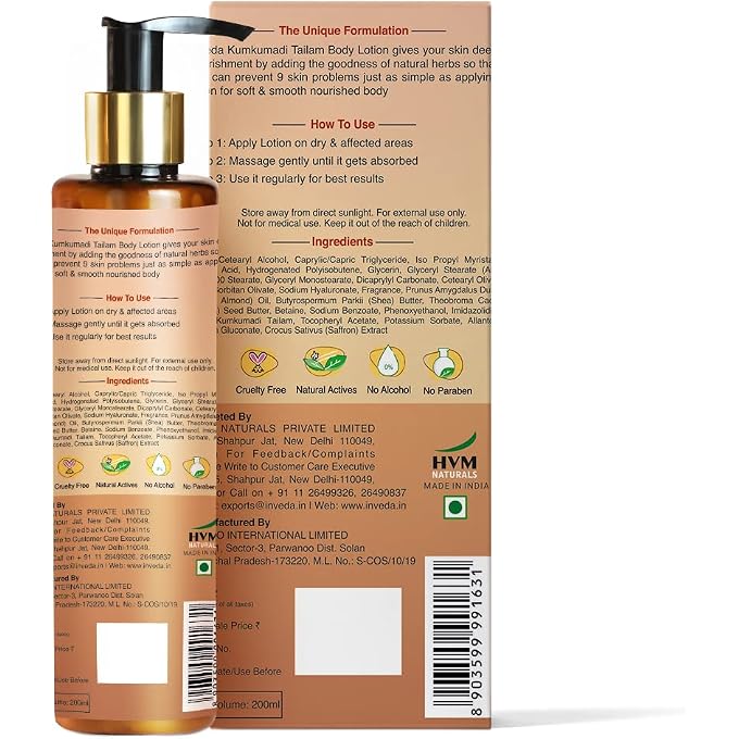 Inveda Kumkumadi Tailam Body Lotion, Dull, Redness, Shea Butter, Healthy & Tone Glow, 200ml - Image 2