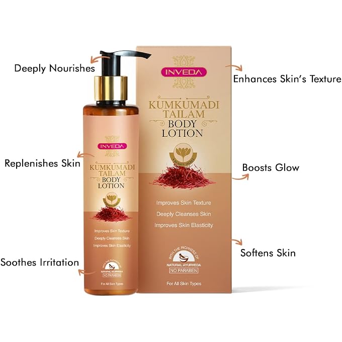 Inveda Kumkumadi Tailam Body Lotion, Dull, Redness, Shea Butter, Healthy & Tone Glow, 200ml - Image 3