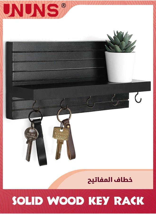 UNUNS - Key Holder For Wall,Entryway Shelf With Hooks And Shelf,Sturdy Wood Keyholder Entrance Hanger With Mounting Hardware,11.8” x 5.5”,Black - Image 1