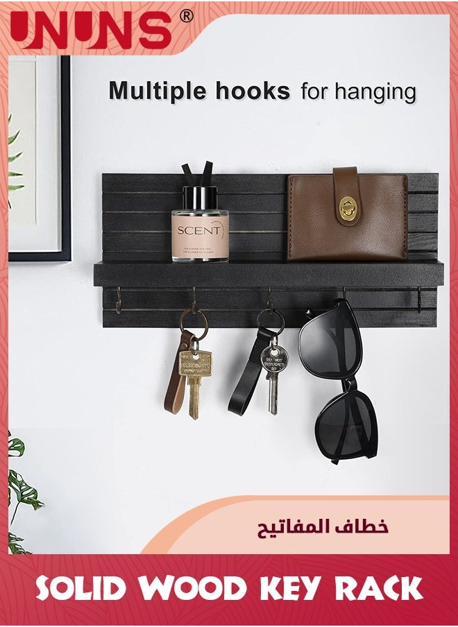 UNUNS - Key Holder For Wall,Entryway Shelf With Hooks And Shelf,Sturdy Wood Keyholder Entrance Hanger With Mounting Hardware,11.8” x 5.5”,Black - Image 1