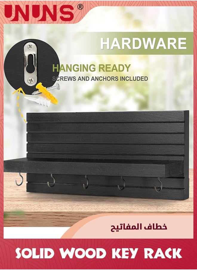 UNUNS - Key Holder For Wall,Entryway Shelf With Hooks And Shelf,Sturdy Wood Keyholder Entrance Hanger With Mounting Hardware,11.8” x 5.5”,Black - Image 1