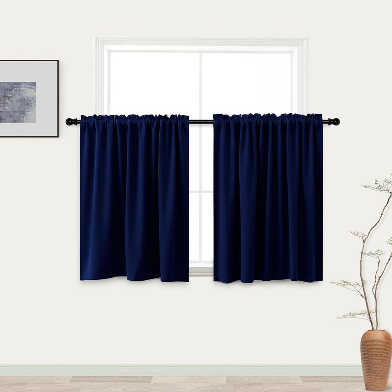 KOUFALL Navy Blue Small Window Curtains, Thermal Short Blackout Curtains for Kitchen Window Over Sink Bathroom Cabinet Bedroom, 34w x 24 Inch Length, Dark Blue - Image 1