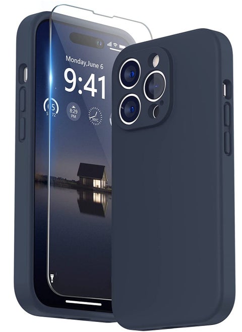 Designed for iPhone 14 Pro Max Case with Screen Protector, (with Camera Protection + Soft Microfiber Lining) Liquid Silicone Phone Case, Midnight Blue