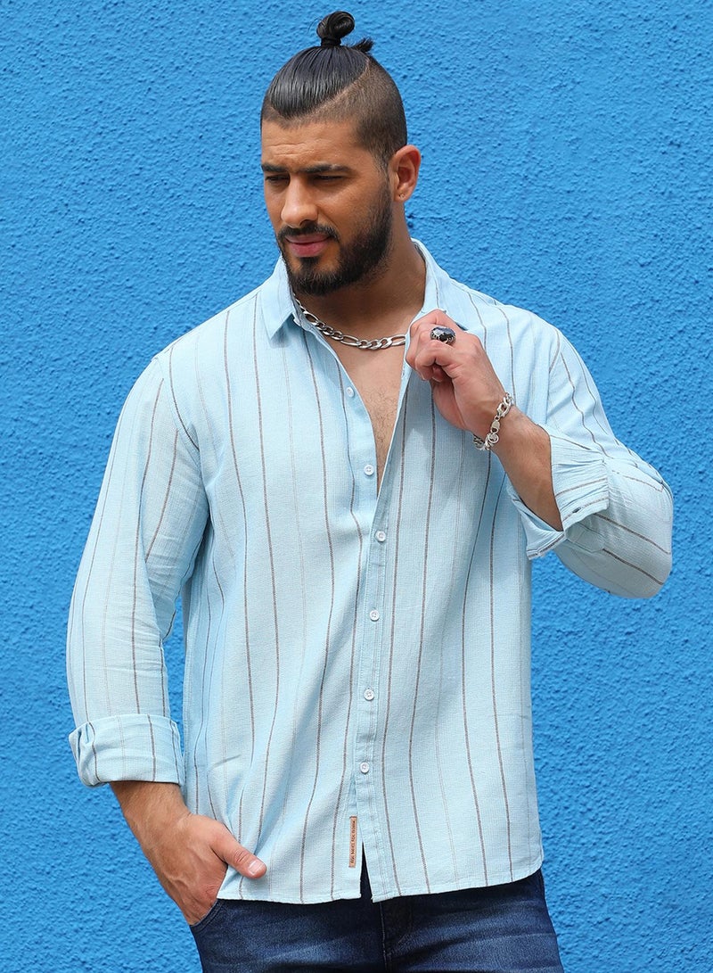 Instafab Plus Men's Light Blue Contrast Pinstriped Shirt For Casual Wear | Spread Collar | Long Sleeve | Button Closure | Cotton Viscose Shirt Crafted With Comfort Fit For Everyday Wear - Image 2