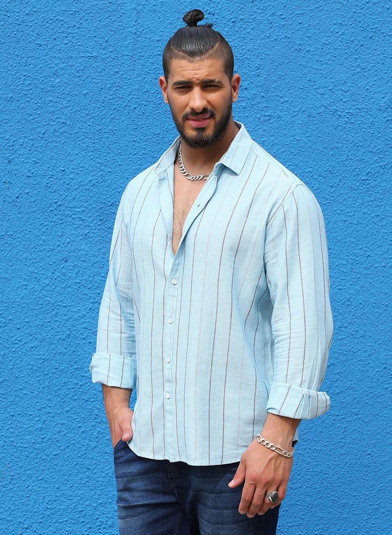 Instafab Plus Men's Light Blue Contrast Pinstriped Shirt For Casual Wear | Spread Collar | Long Sleeve | Button Closure | Cotton Viscose Shirt Crafted With Comfort Fit For Everyday Wear - Image 3