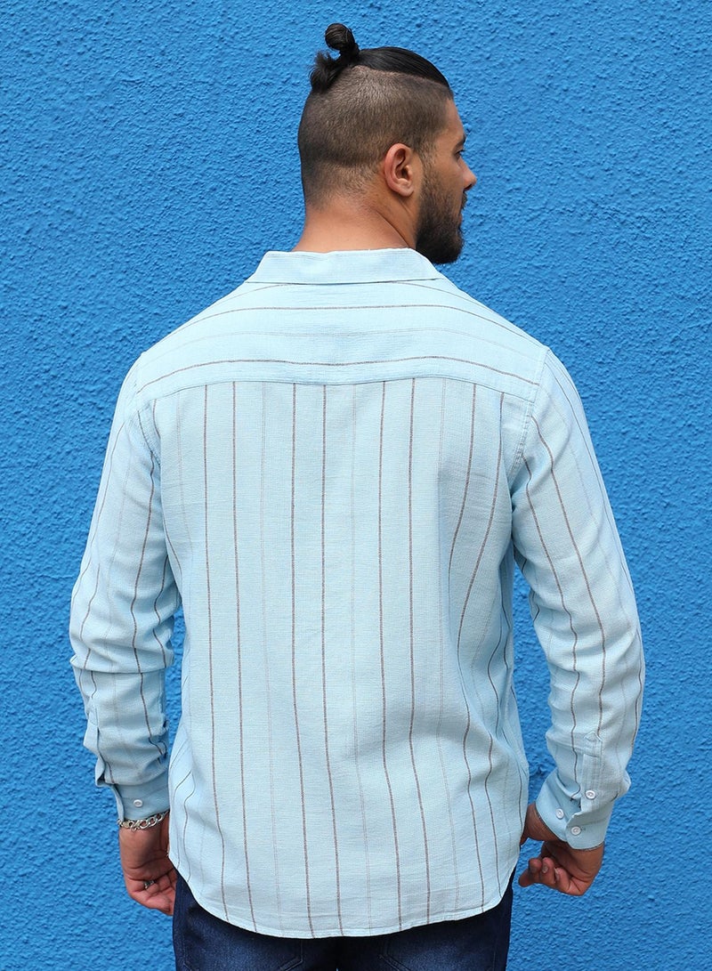 Instafab Plus Men's Light Blue Contrast Pinstriped Shirt For Casual Wear | Spread Collar | Long Sleeve | Button Closure | Cotton Viscose Shirt Crafted With Comfort Fit For Everyday Wear - Image 5