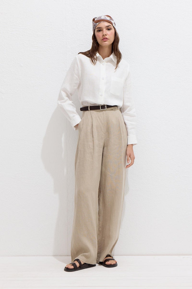 Manuka Coated Buttoned Linen Fit Shirt Ecru  - Image 2