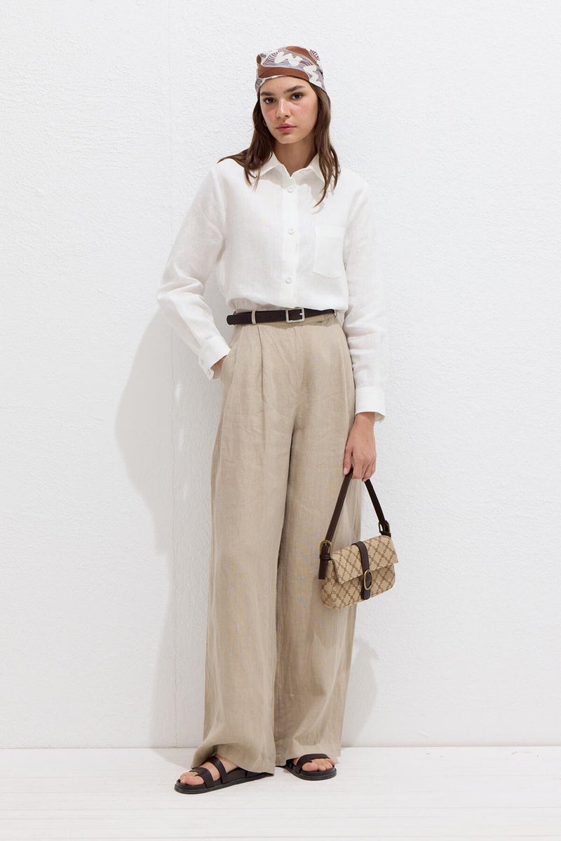 Manuka Coated Buttoned Linen Fit Shirt Ecru  - Image 1