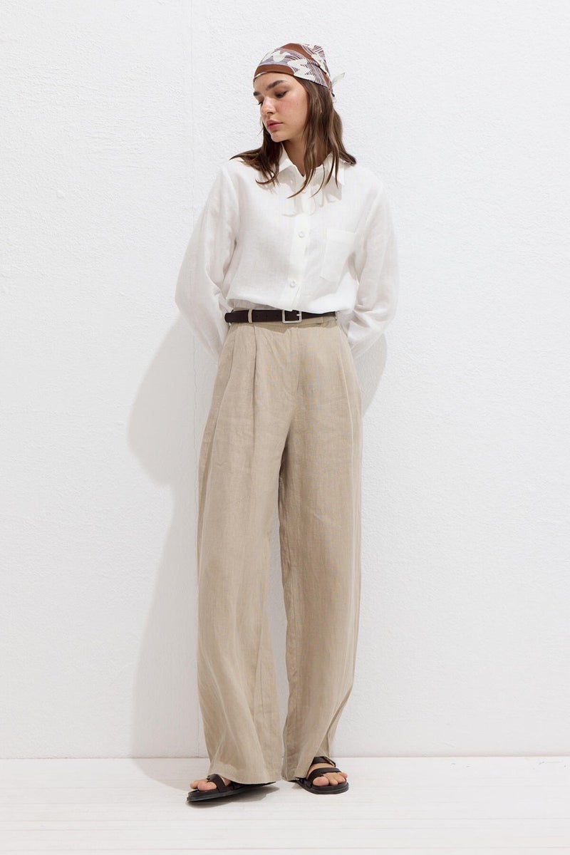 Manuka Coated Buttoned Linen Fit Shirt Ecru  - Image 3