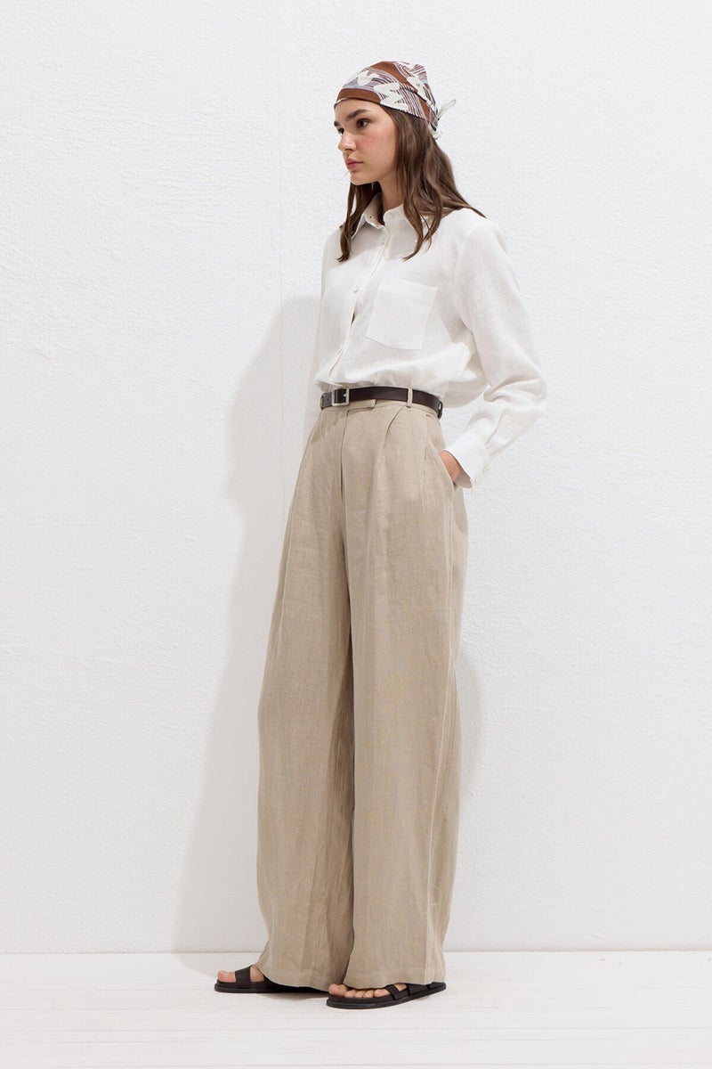 Manuka Coated Buttoned Linen Fit Shirt Ecru  - Image 4