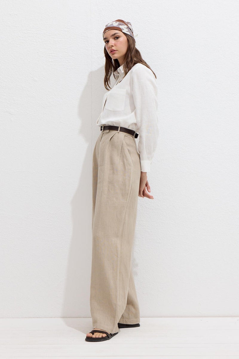 Manuka Coated Buttoned Linen Fit Shirt Ecru  - Image 5