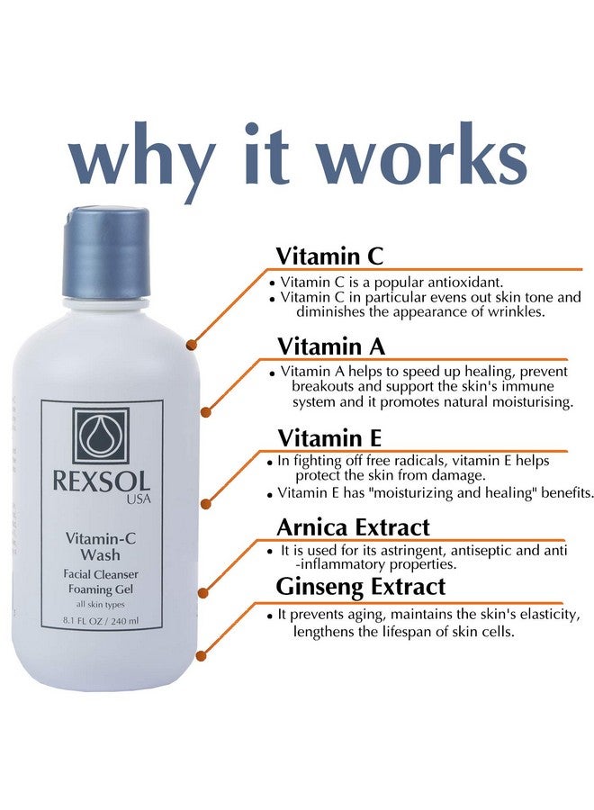 REXSOL Vitamin C Foaming Gel Face Wash | Anti-Aging Cleanser for Sensitive Skin | Natural Daily Facial Cleanser with Vitamins A & E - 8.1 OZ - Image 4