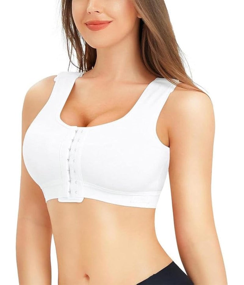 BRABIC Women Front Closure Post Surgery Compression Everyday Bras for Mastectomy Support with Adjustable Straps Wirefree (Medium, White) - Image 1