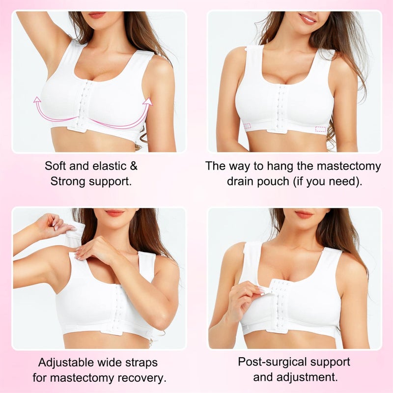 BRABIC Women Front Closure Post Surgery Compression Everyday Bras for Mastectomy Support with Adjustable Straps Wirefree (Medium, White) - Image 3